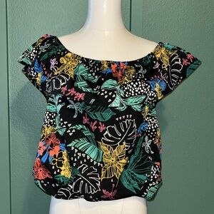 Juniors off shoulder palm, vacation, tropic shirt large